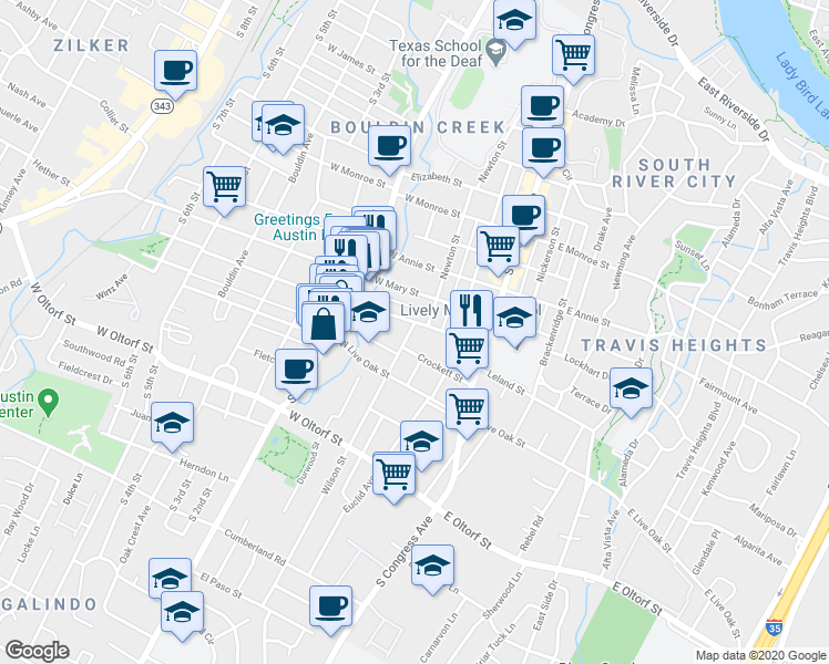 map of restaurants, bars, coffee shops, grocery stores, and more near 2006 Wilson Street in Austin