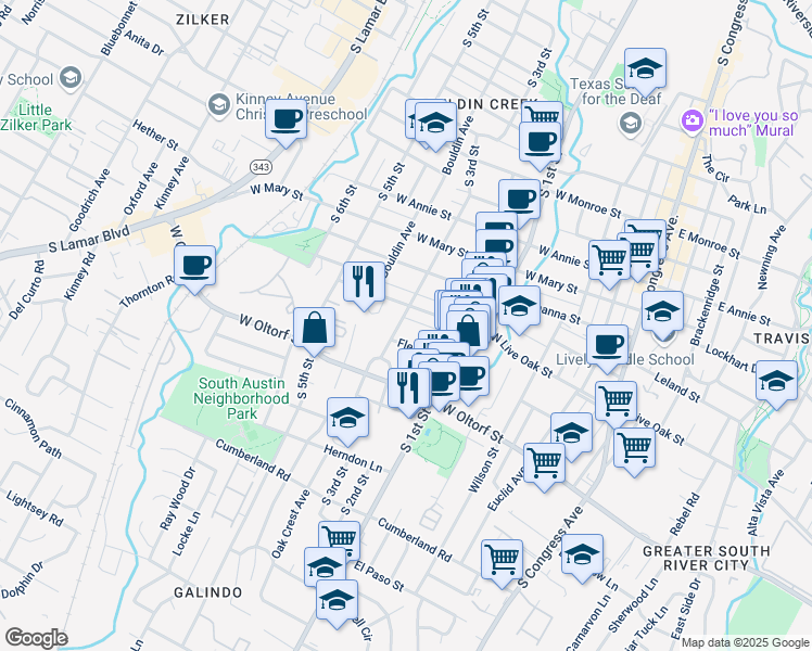 map of restaurants, bars, coffee shops, grocery stores, and more near 2217 South 3rd Street in Austin