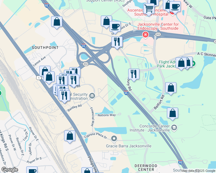 map of restaurants, bars, coffee shops, grocery stores, and more near 7044 Deer Lodge Circle in Jacksonville