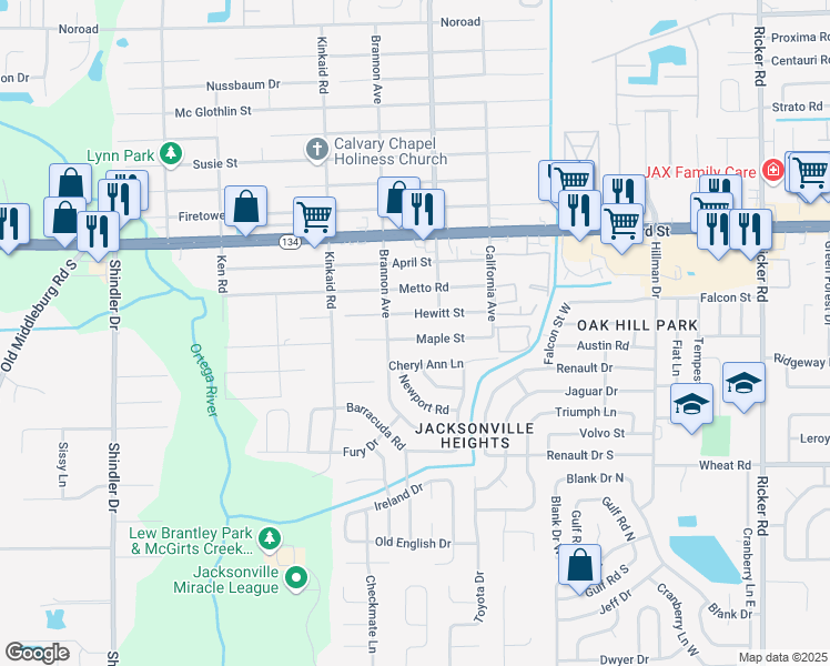 map of restaurants, bars, coffee shops, grocery stores, and more near 8257 Maple Street in Jacksonville