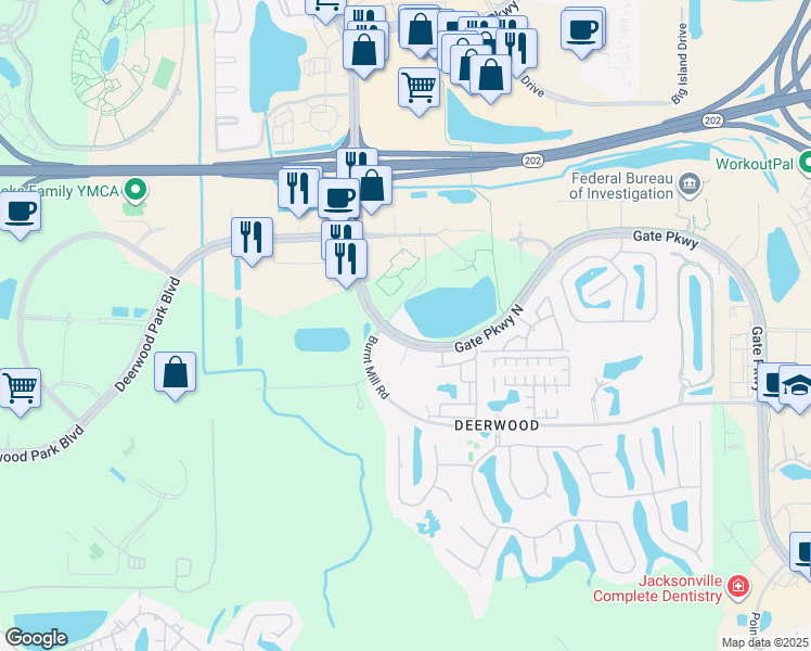 map of restaurants, bars, coffee shops, grocery stores, and more near 5101 Gate Parkway in Jacksonville