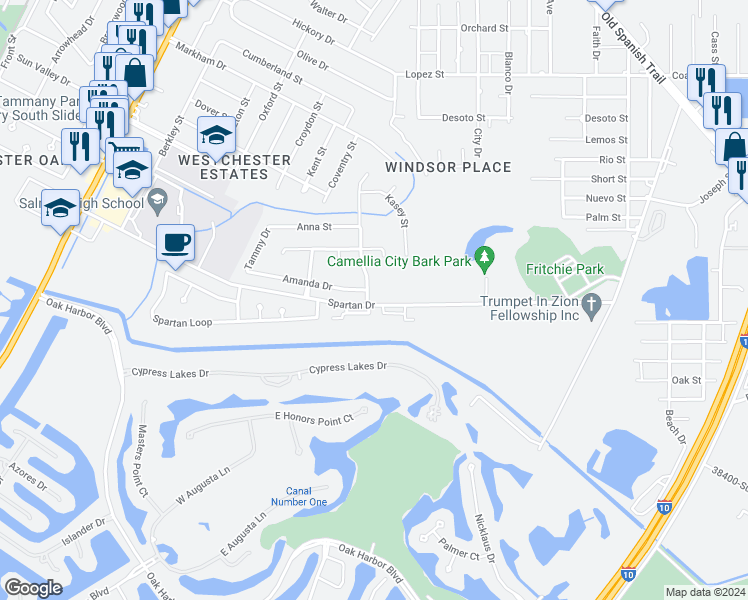 map of restaurants, bars, coffee shops, grocery stores, and more near 102 Annette Drive in Slidell