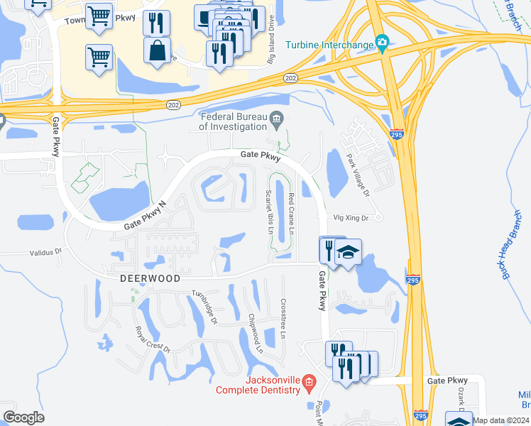 map of restaurants, bars, coffee shops, grocery stores, and more near 7528 Scarlet Ibis Lane in Jacksonville