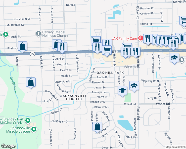 map of restaurants, bars, coffee shops, grocery stores, and more near 5649 Falcon Street West in Jacksonville