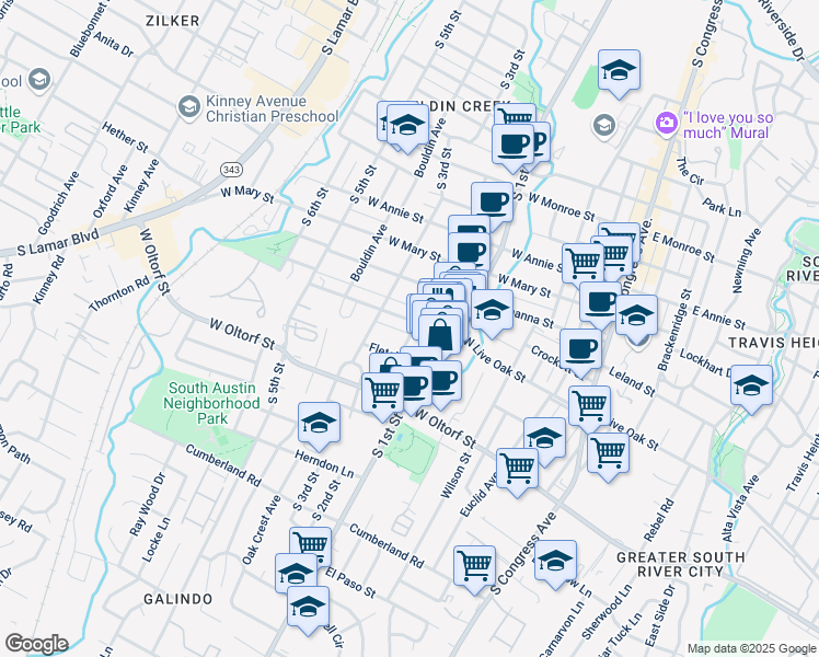 map of restaurants, bars, coffee shops, grocery stores, and more near 701 West Live Oak Street in Austin
