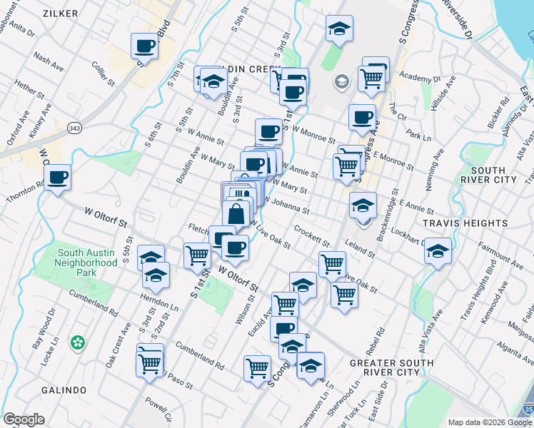 map of restaurants, bars, coffee shops, grocery stores, and more near 414 Crockett Street in Austin