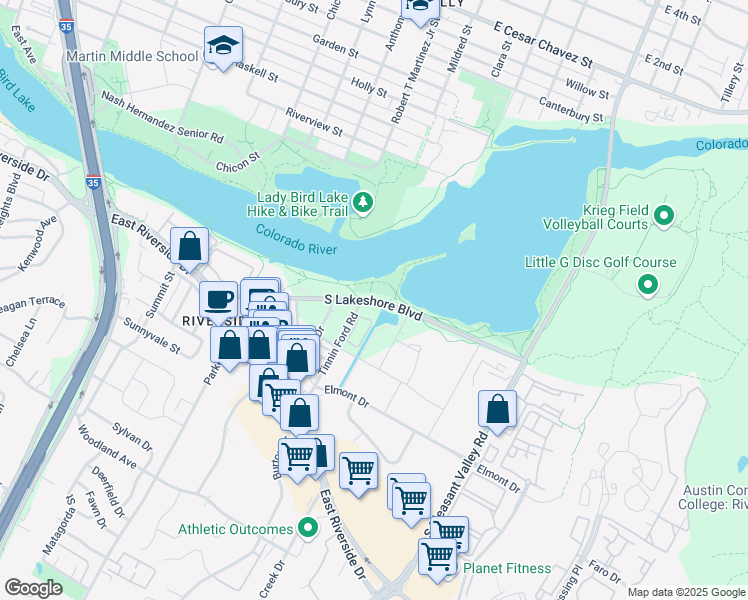 map of restaurants, bars, coffee shops, grocery stores, and more near South Lakeshore Boulevard in Austin