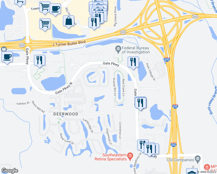 map of restaurants, bars, coffee shops, grocery stores, and more near 11089 Castlemain Circle South in Jacksonville
