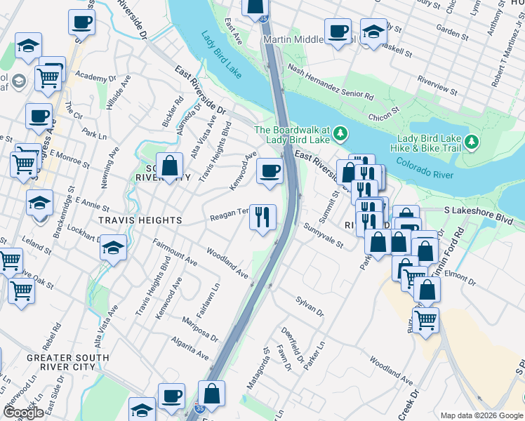 map of restaurants, bars, coffee shops, grocery stores, and more near 1411 Parkinson Drive in Austin
