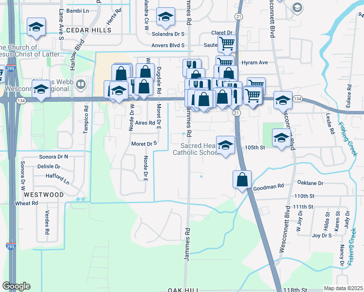 map of restaurants, bars, coffee shops, grocery stores, and more near 5712 Jammes Road in Jacksonville