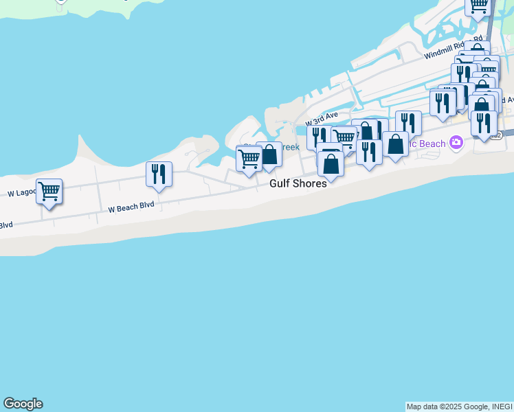 map of restaurants, bars, coffee shops, grocery stores, and more near 903 West Beach Boulevard in Gulf Shores