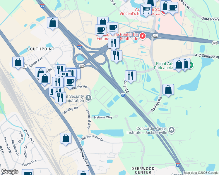 map of restaurants, bars, coffee shops, grocery stores, and more near 7044 Deer Lodge Circle in Jacksonville