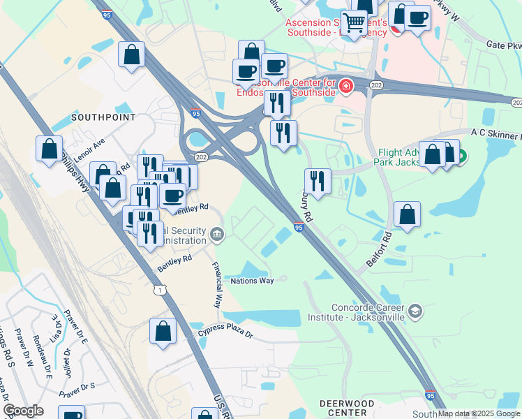 map of restaurants, bars, coffee shops, grocery stores, and more near 7044 Deer Lodge Circle in Jacksonville
