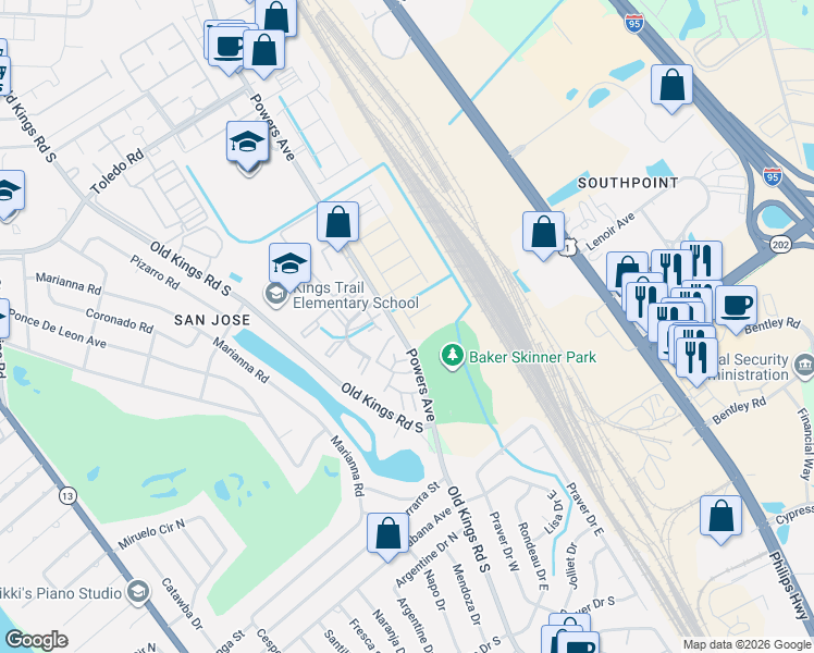 map of restaurants, bars, coffee shops, grocery stores, and more near 2 Powers Avenue in Jacksonville