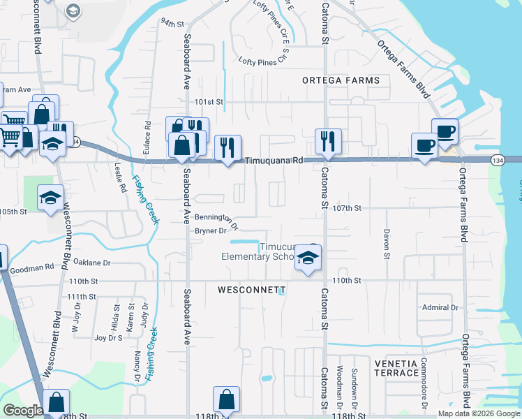 map of restaurants, bars, coffee shops, grocery stores, and more near 5529 Cabot Drive North in Jacksonville