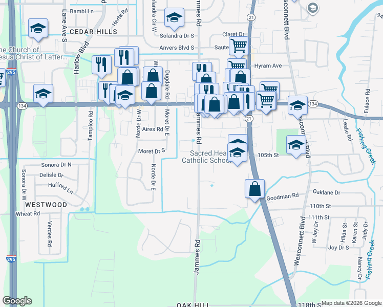 map of restaurants, bars, coffee shops, grocery stores, and more near 5712 Jammes Road in Jacksonville