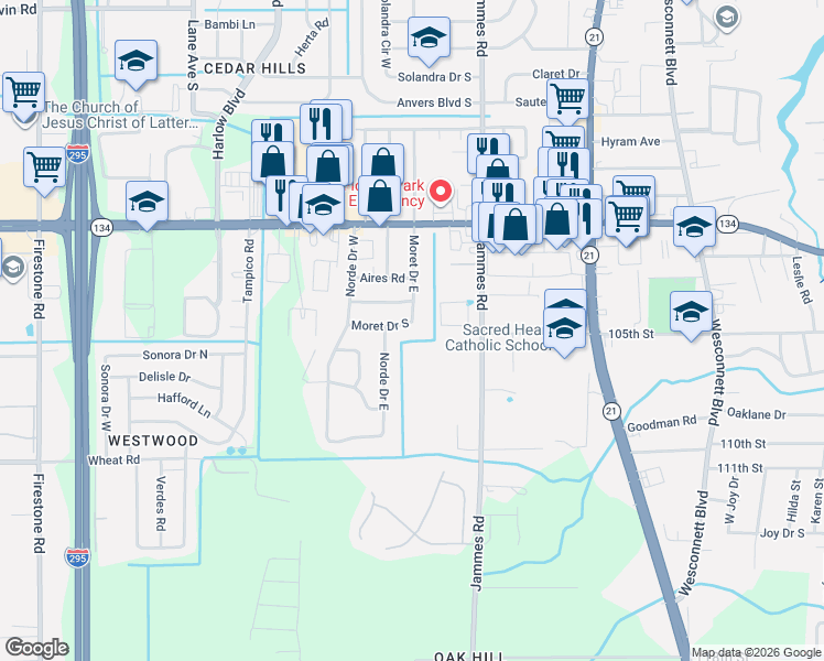 map of restaurants, bars, coffee shops, grocery stores, and more near 6528 Moret Drive East in Jacksonville