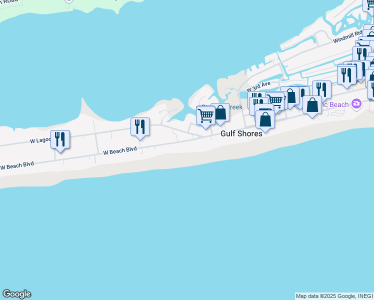map of restaurants, bars, coffee shops, grocery stores, and more near 931 West Beach Boulevard in Gulf Shores