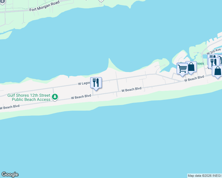 map of restaurants, bars, coffee shops, grocery stores, and more near 1100 West Beach Boulevard in Gulf Shores