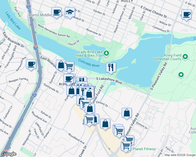 map of restaurants, bars, coffee shops, grocery stores, and more near in Austin