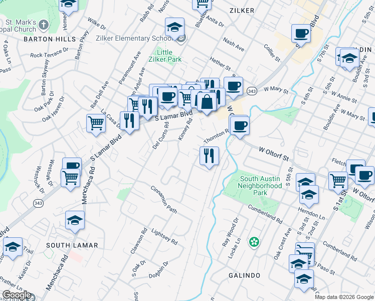 map of restaurants, bars, coffee shops, grocery stores, and more near 1606b Ravey Street in Austin