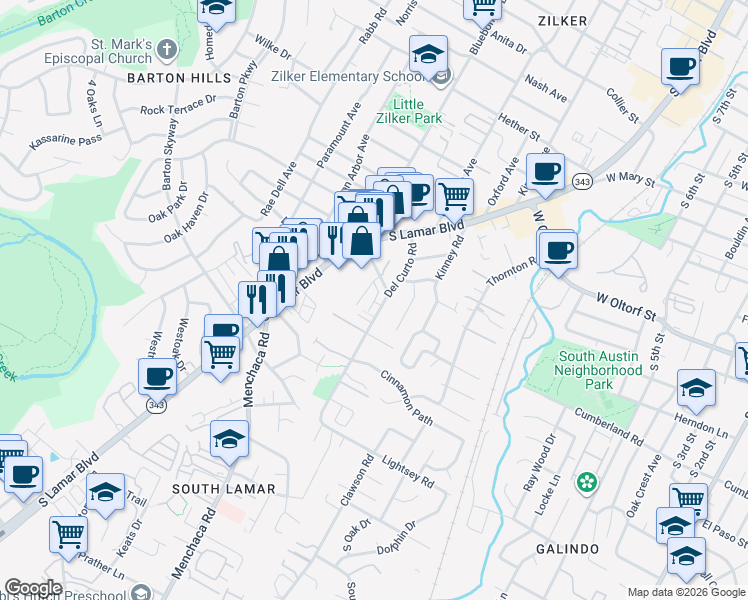 map of restaurants, bars, coffee shops, grocery stores, and more near 2604 Del Curto Road in Austin