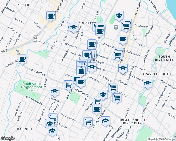 map of restaurants, bars, coffee shops, grocery stores, and more near 416 Crockett Street in Austin