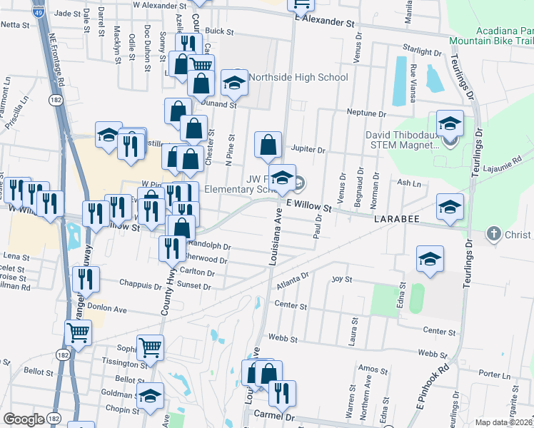 map of restaurants, bars, coffee shops, grocery stores, and more near 436 East Evergreen Street in Lafayette