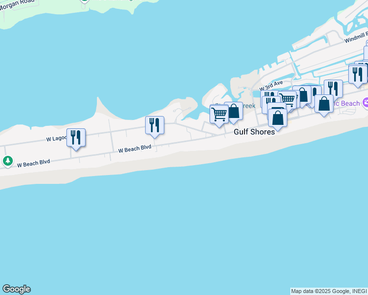 map of restaurants, bars, coffee shops, grocery stores, and more near 965 West Beach Boulevard in Gulf Shores