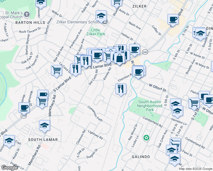 map of restaurants, bars, coffee shops, grocery stores, and more near 1700 Ravey Street in Austin