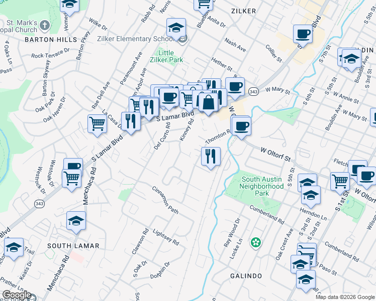 map of restaurants, bars, coffee shops, grocery stores, and more near 1606b Ravey Street in Austin