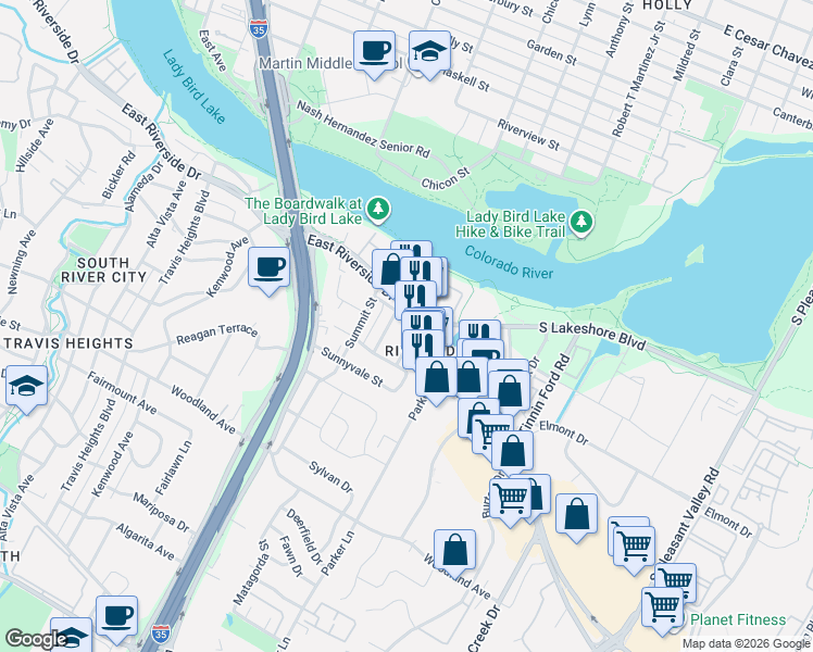 map of restaurants, bars, coffee shops, grocery stores, and more near 1623 East Riverside Drive in Austin