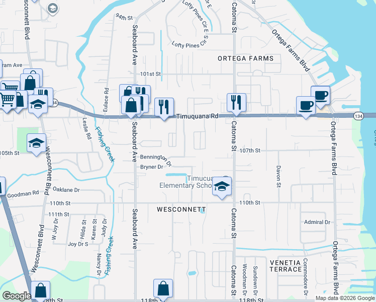 map of restaurants, bars, coffee shops, grocery stores, and more near 5529 Cabot Drive North in Jacksonville