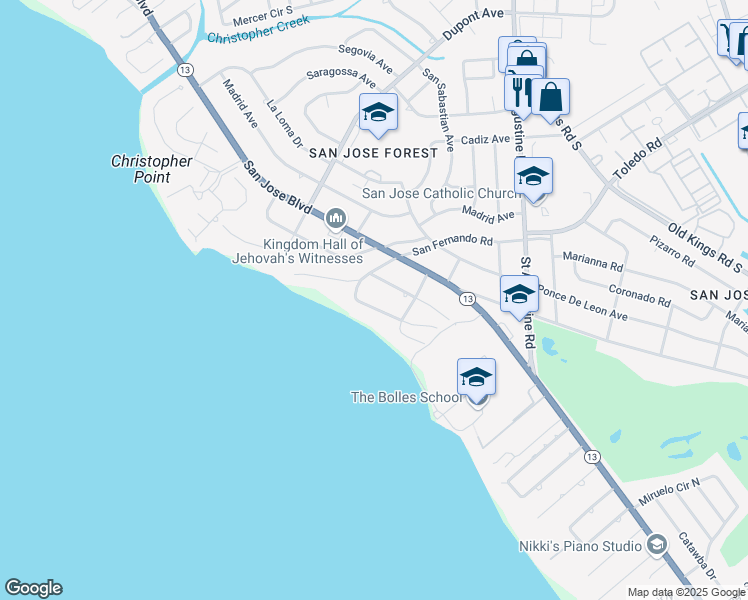 map of restaurants, bars, coffee shops, grocery stores, and more near 7227 San Pedro Road in Jacksonville