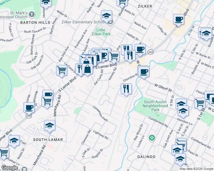 map of restaurants, bars, coffee shops, grocery stores, and more near 2400 Kinney Road in Austin