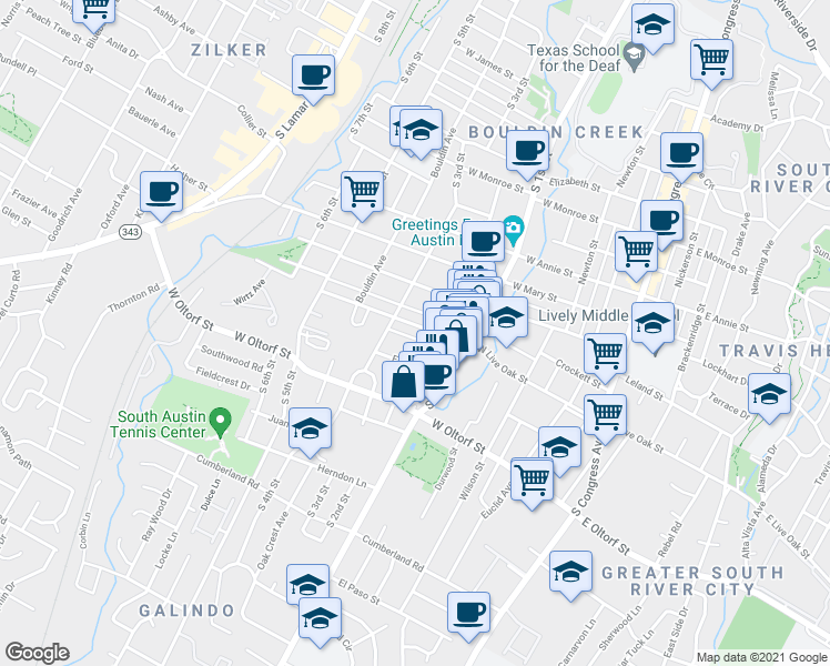 map of restaurants, bars, coffee shops, grocery stores, and more near 705 West Live Oak Street in Austin