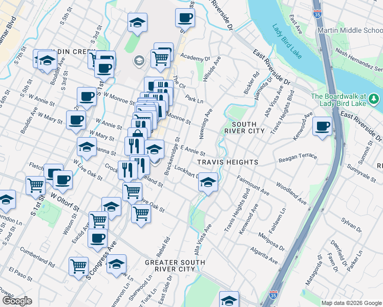 map of restaurants, bars, coffee shops, grocery stores, and more near 409 East Annie Street in Austin