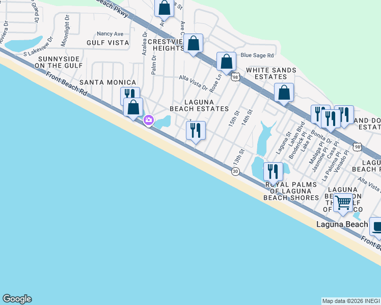 map of restaurants, bars, coffee shops, grocery stores, and more near 20314 Front Beach Road in Panama City Beach