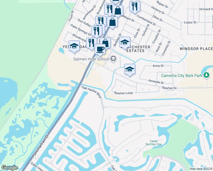 map of restaurants, bars, coffee shops, grocery stores, and more near 303 Spartan Drive in Slidell