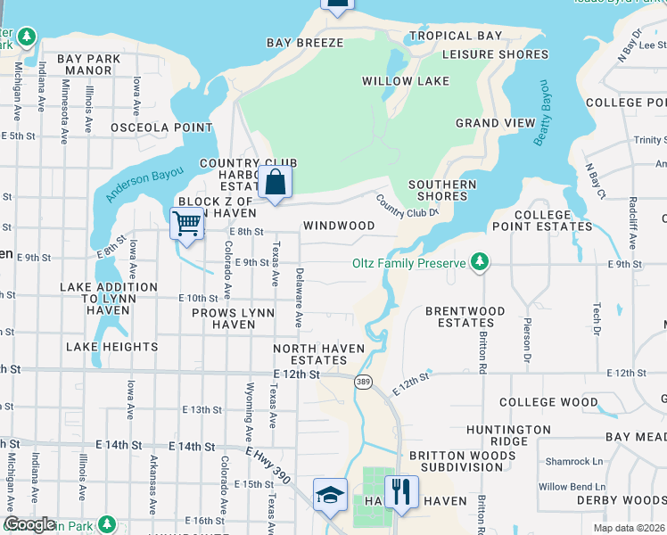 map of restaurants, bars, coffee shops, grocery stores, and more near 1520 Wateroak Drive in Lynn Haven