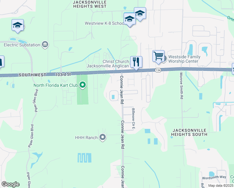 map of restaurants, bars, coffee shops, grocery stores, and more near 5570 Connie Jean Road in Jacksonville