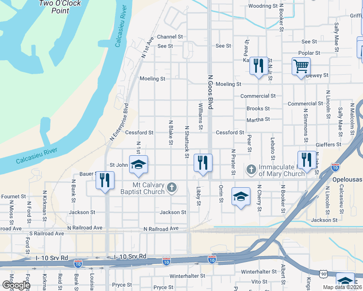 map of restaurants, bars, coffee shops, grocery stores, and more near 1610 Gieffers St in Lake Charles