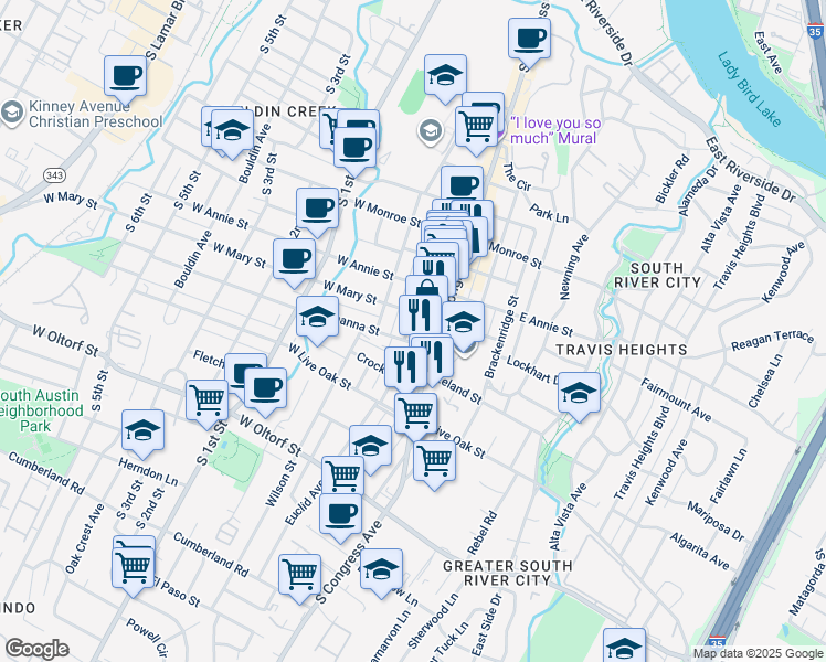 map of restaurants, bars, coffee shops, grocery stores, and more near 1907 Eva Street in Austin