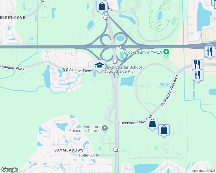 map of restaurants, bars, coffee shops, grocery stores, and more near 8700 A C Skinner Parkway in Jacksonville