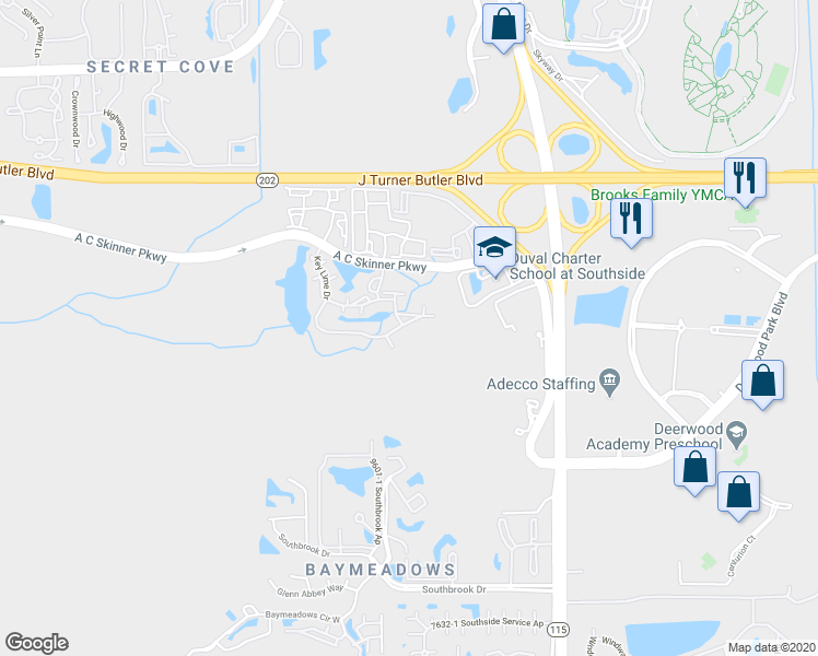 map of restaurants, bars, coffee shops, grocery stores, and more near 4998 Key Lime Drive in Jacksonville