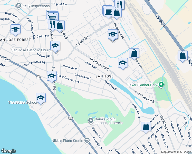 map of restaurants, bars, coffee shops, grocery stores, and more near 3850 Marianna Road in Jacksonville