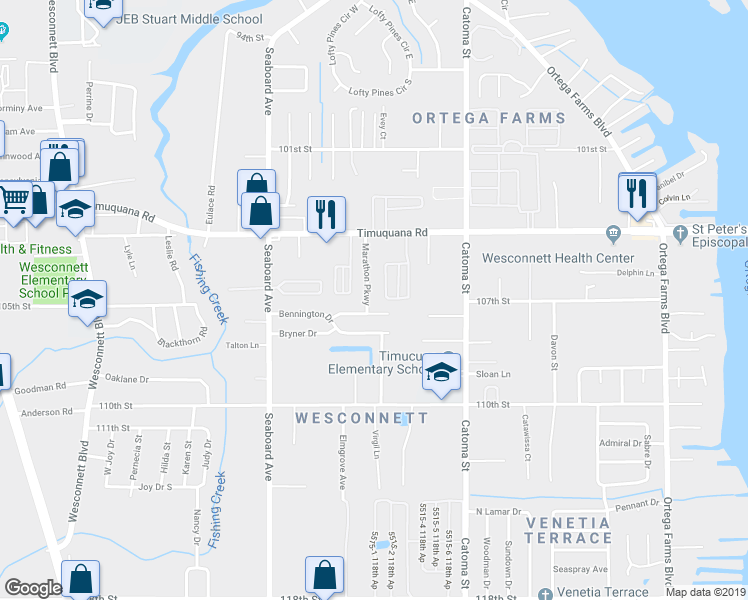 map of restaurants, bars, coffee shops, grocery stores, and more near 5529 Cabot Drive North in Jacksonville