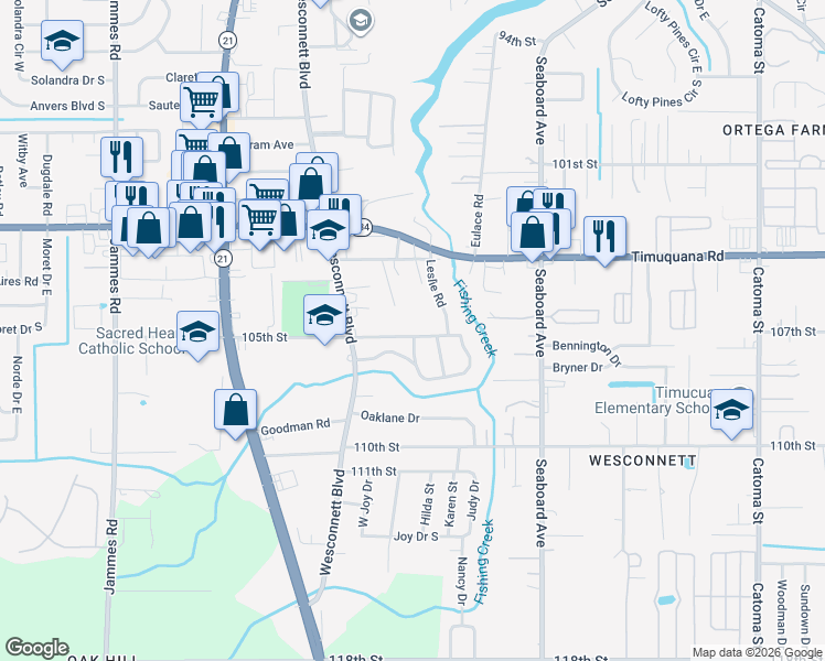 map of restaurants, bars, coffee shops, grocery stores, and more near 5704 Knollwood Drive in Jacksonville