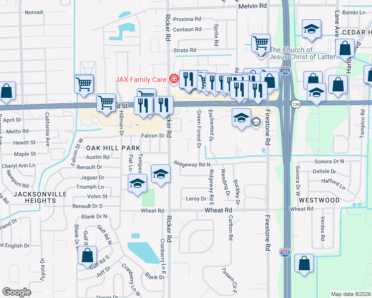 map of restaurants, bars, coffee shops, grocery stores, and more near 7536 103rd Street in Jacksonville