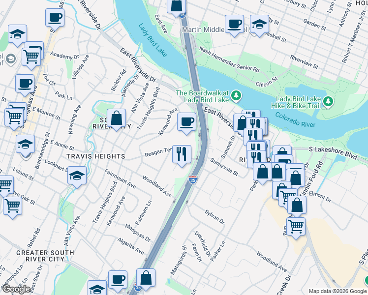 map of restaurants, bars, coffee shops, grocery stores, and more near 1500 Betty Jo Drive in Austin